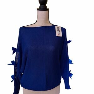Italian-Made Off-the-Shoulder Cobalt Blue Bow-Sleeve Sweater